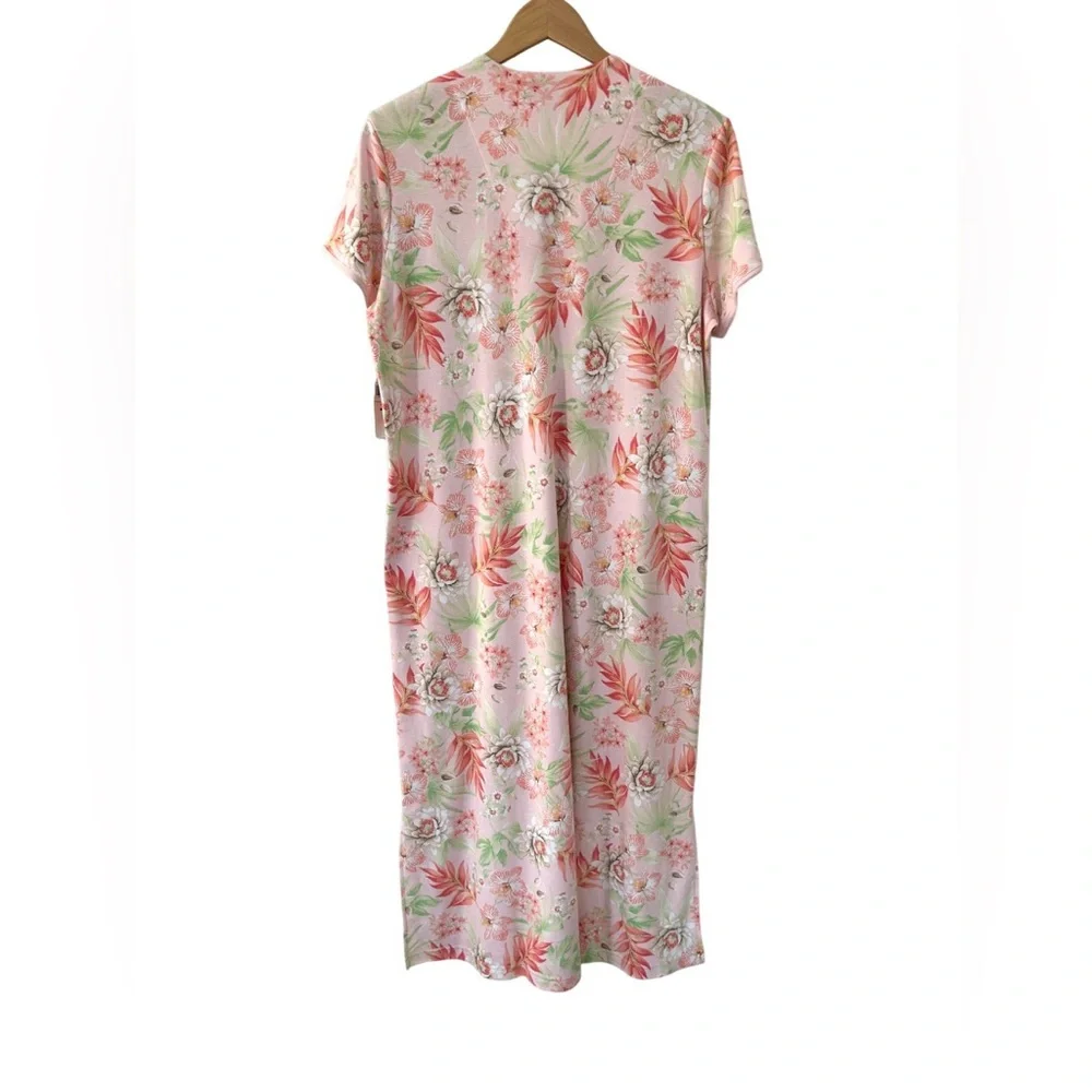 Miss Elaine Relax short sleeve zip Robe Medium pink floral pockets jersey NWT - Picture 3 of 12